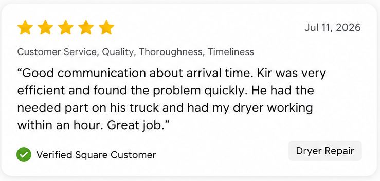 5-star appliance repair customer review for UNI Service in Wisconsin & Northern Illinois