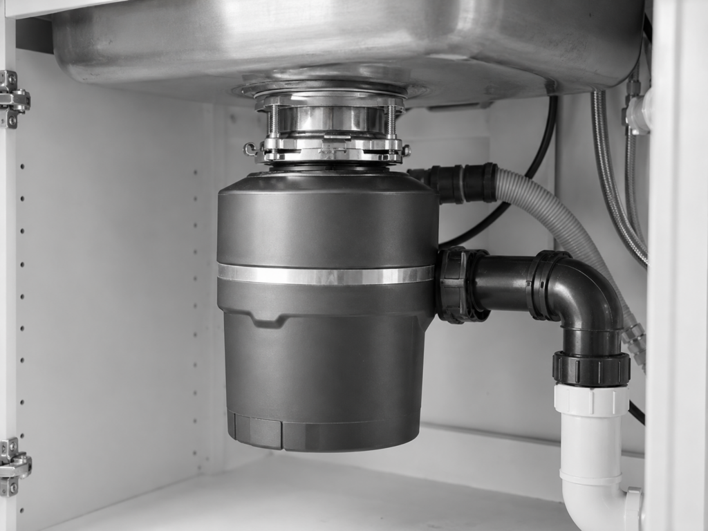 Garbage disposal installed beneath a kitchen sink with drain plumbing