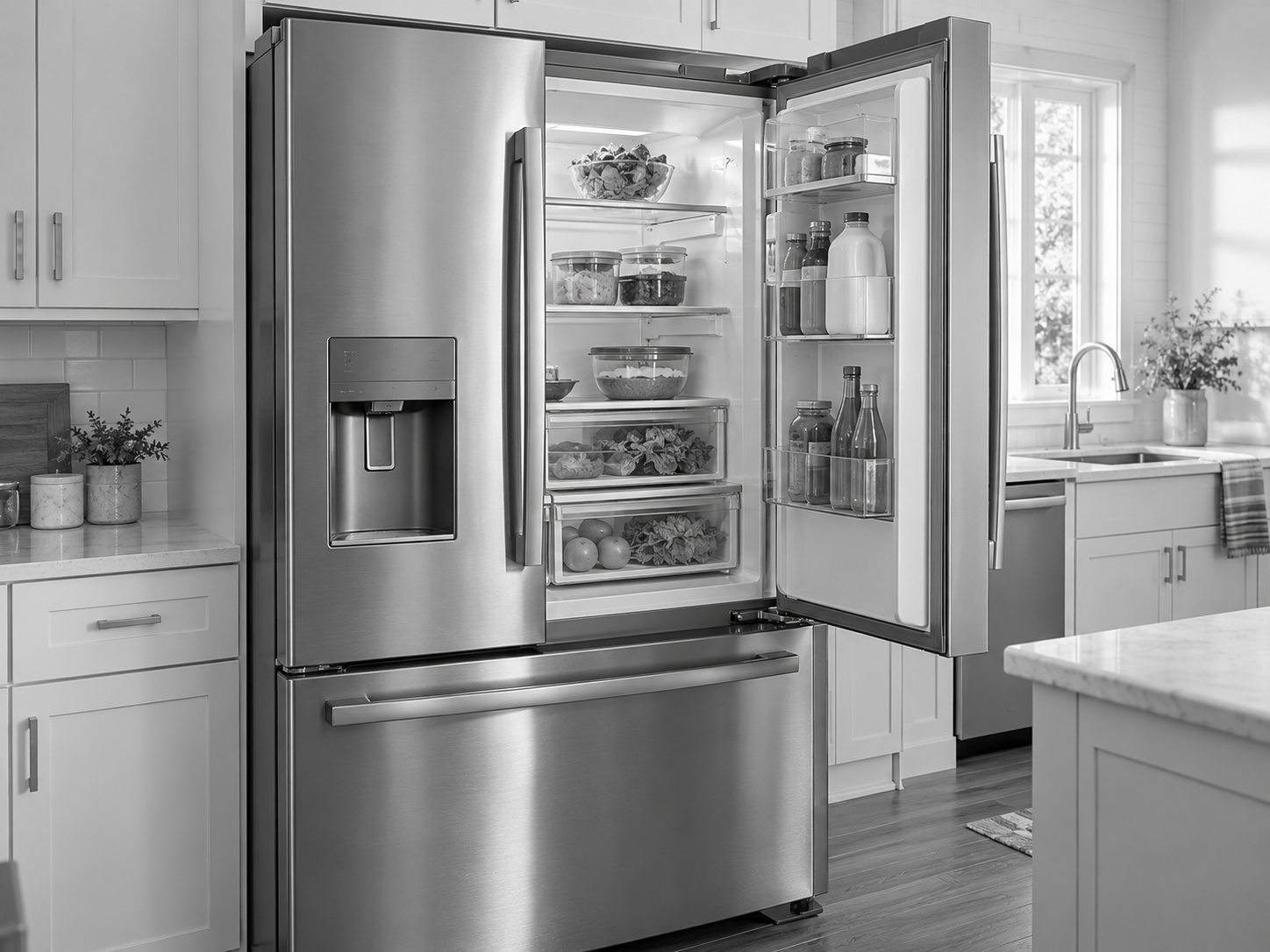 Stainless steel French-door refrigerator with an open door in a bright kitchen