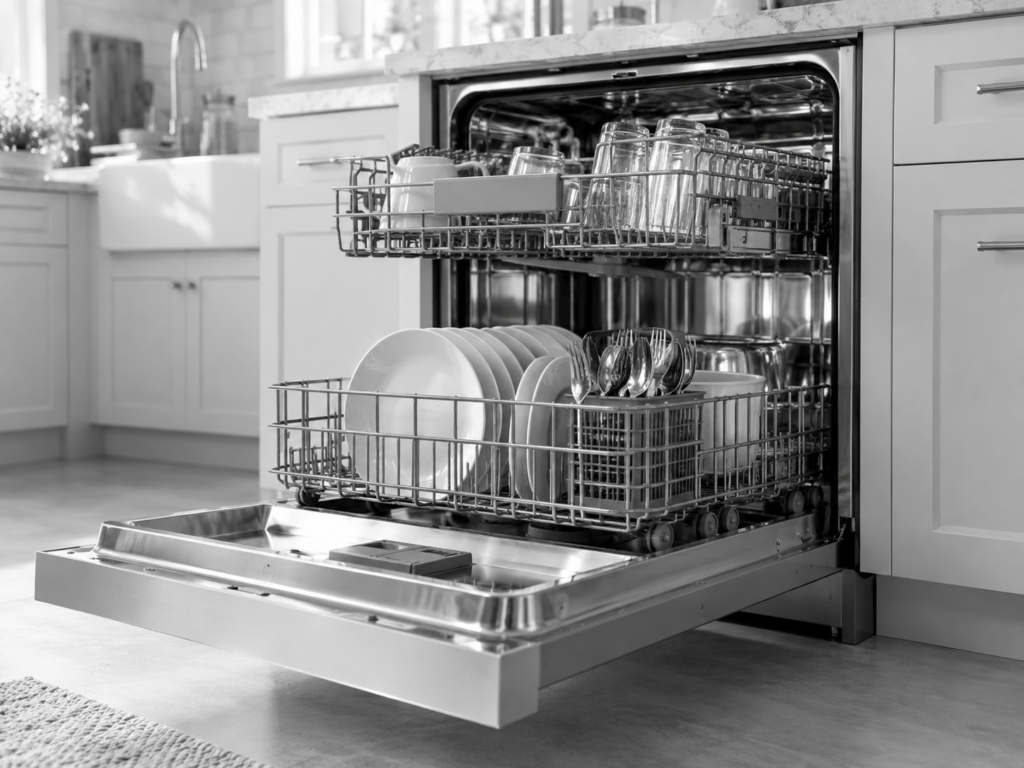 Open built-in dishwasher with racks and dishes in a modern kitchen