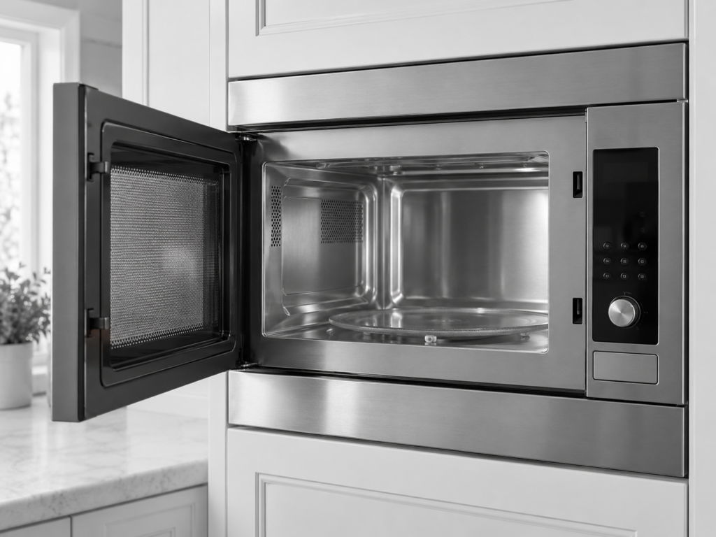 Built-in stainless steel microwave with an open door