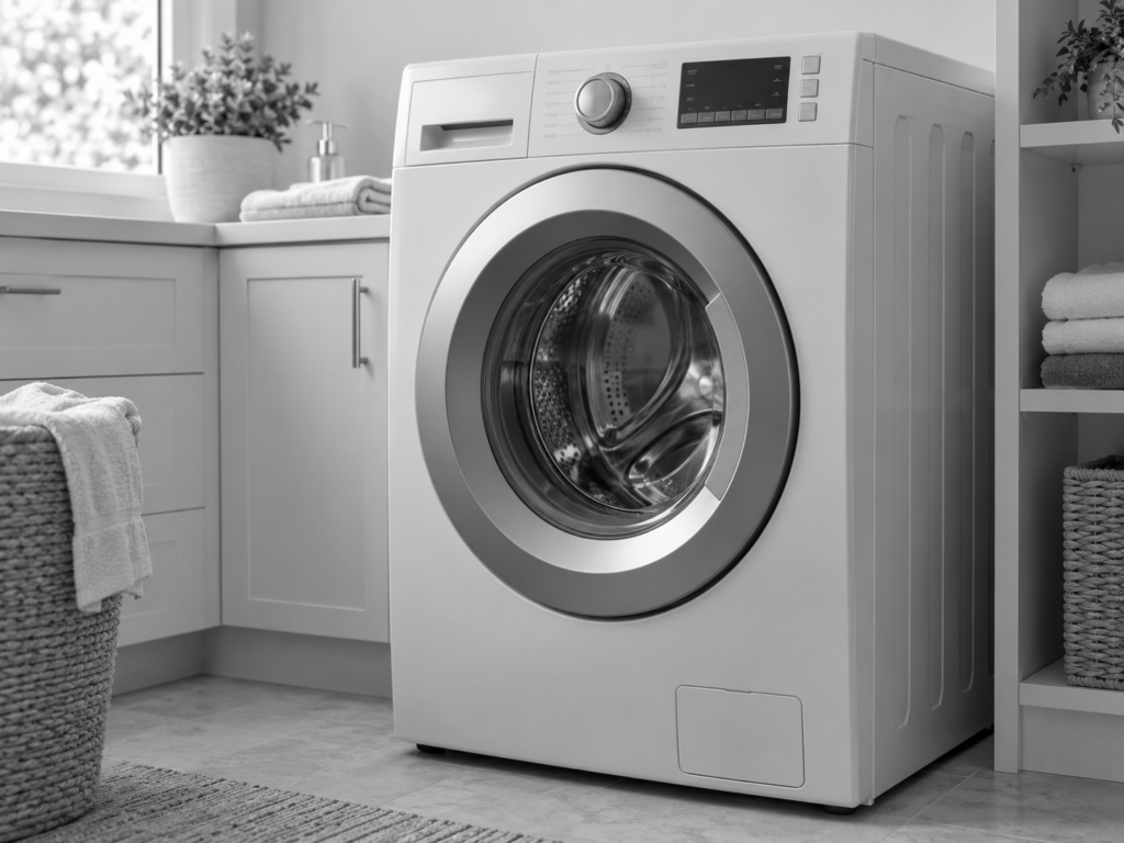 Front-loading washing machine in a bright laundry room