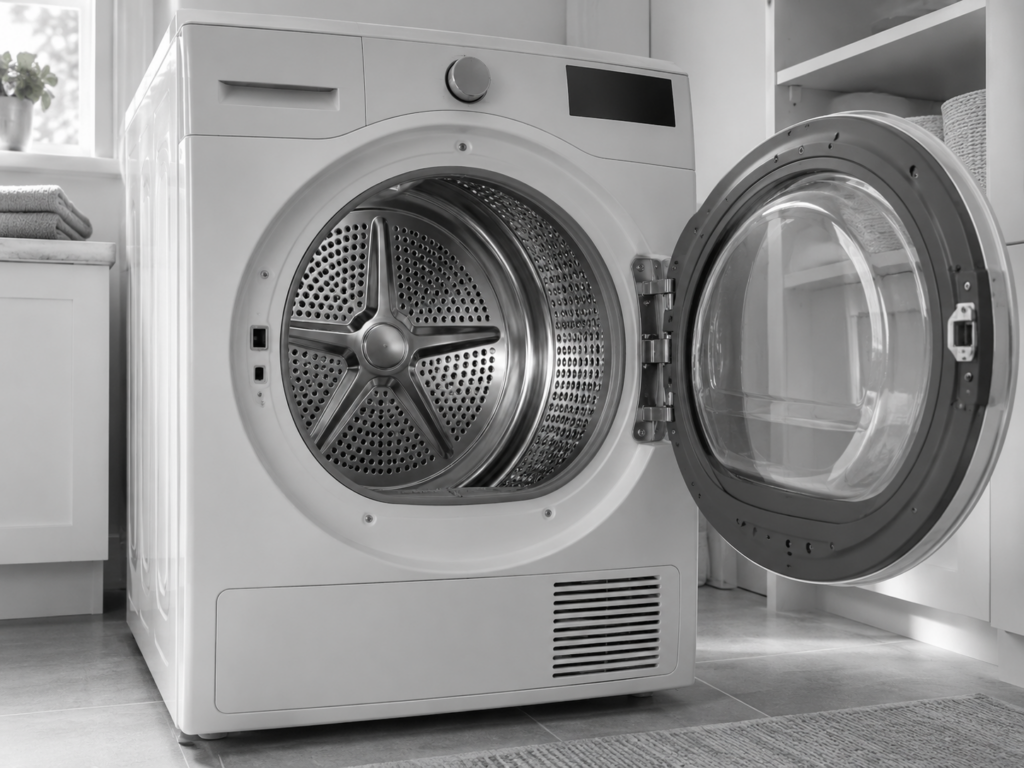 Front-loading dryer with an open door showing the drum